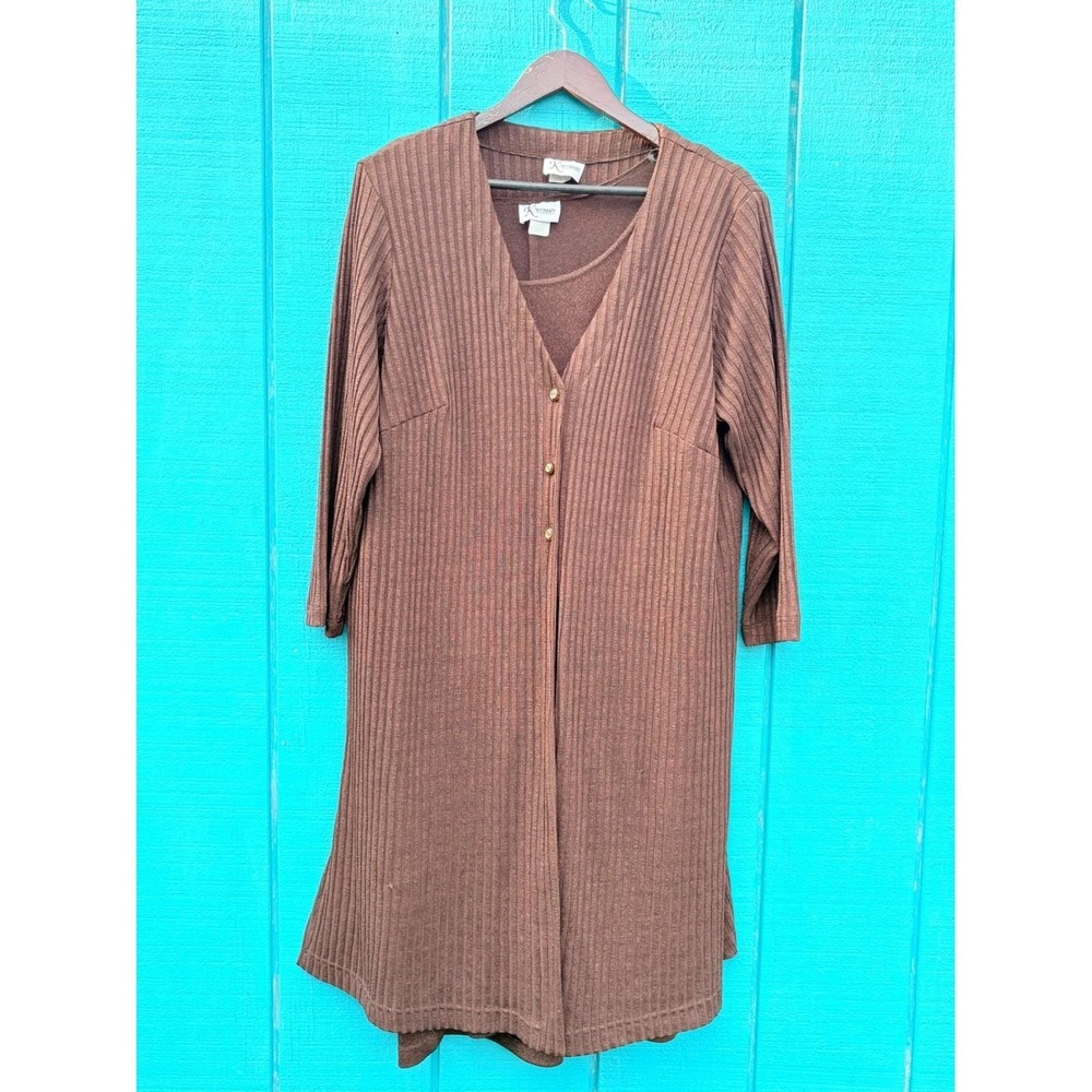 K Woman Brown Metallic Ribbed Cardigan and‎ Chain Detail Dress 2 Piece Set 18W - Picture 2 of 9